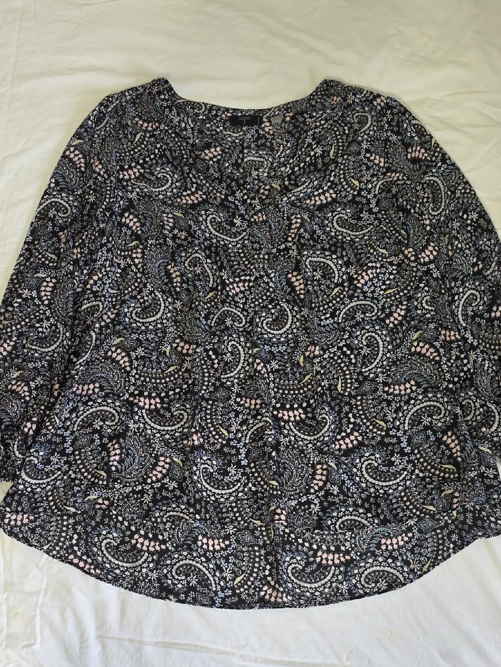 Tahari Black Paisley Print Blouse with Pink and Blue Tiny Flowers 2X